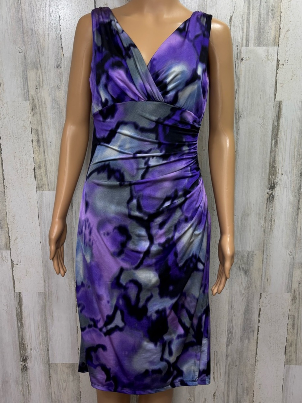 American‎ Living Purple Watercolor Abstract Sleeveless V-Neck Ruched Dress